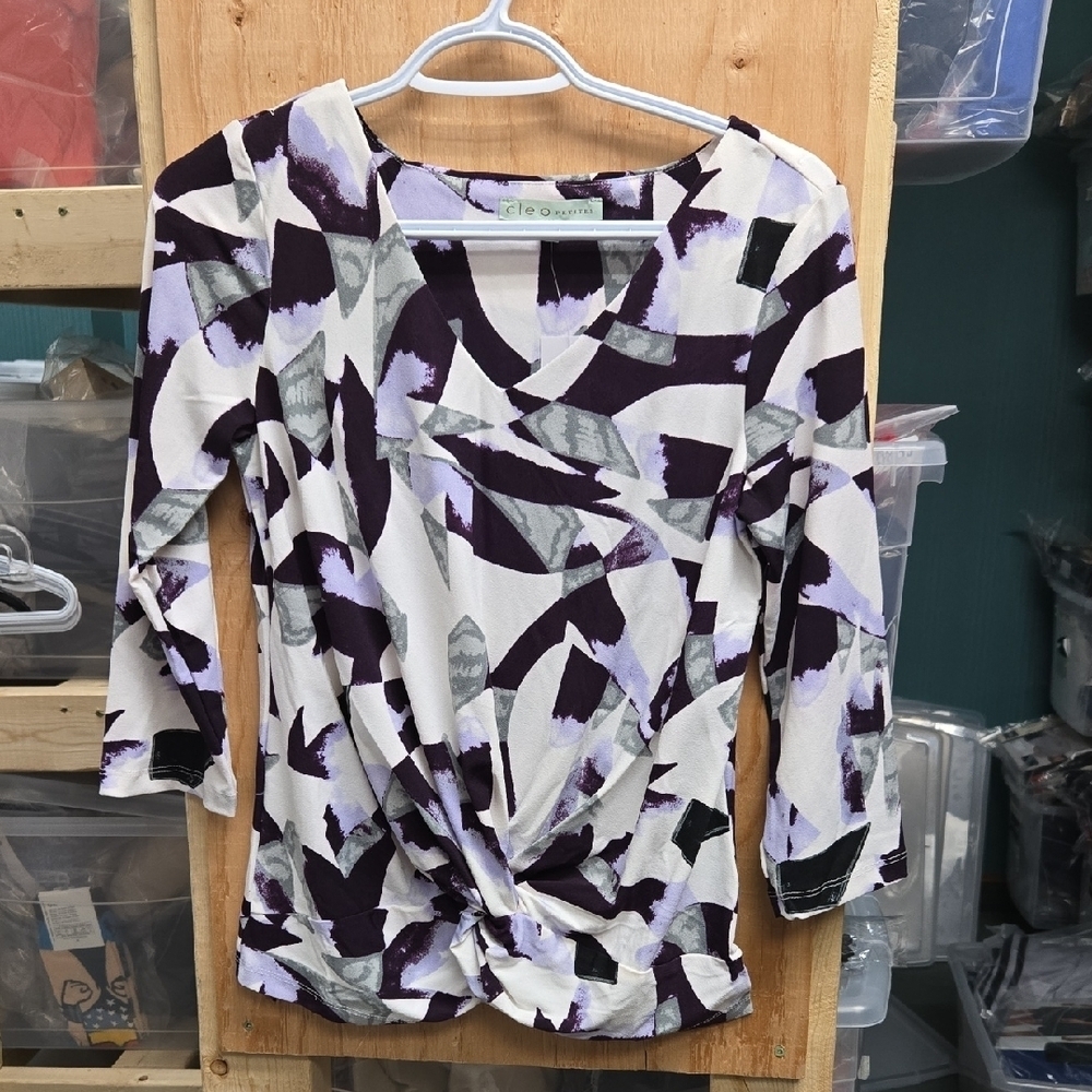 Cleo Size S Purple and White Abstract Long Sleeve Top
